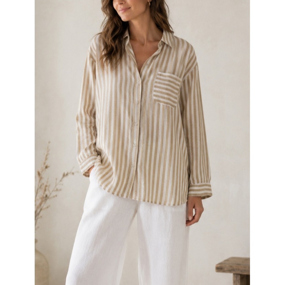 J Jill Love Linen Tan White Striped Button Up Pocket Shirt XL Lagonlook Coastal